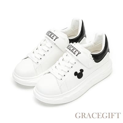 【Grace Gift】迪士尼米奇款剪影魔鬼氈厚底小白鞋 白X黑