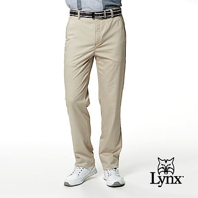 【Lynx Golf】男款彈性舒適棉麻素面款式平面休閒長褲-卡其色
