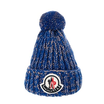 MONCLER 新款英式羅紋色針織帶球羊毛帽 (矢車菊藍)