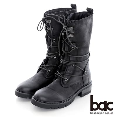 【bac】率性綁帶中筒靴-黑