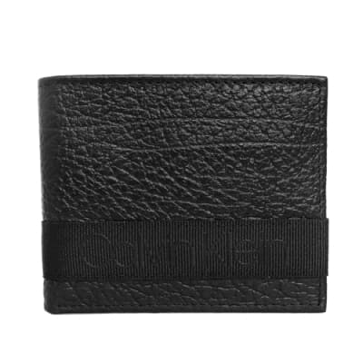 Calvin Klein 黑色荔枝紋全皮拼接品牌織帶雙折短夾