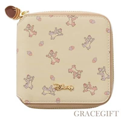 【Grace Gift】迪士尼奇奇蒂蒂款滿版插畫短夾 杏