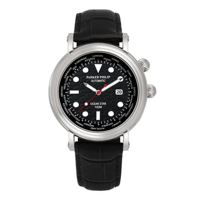 PARKER PHILIP派克菲利浦世界時區海洋之星機械腕錶(黑面黑帶)