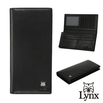 【Lynx】美國山貓NAPA進口牛皮長夾 12卡/拉鍊袋/透明窗 皮夾錢包-黑色