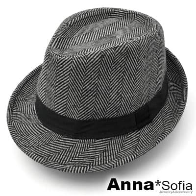 AnnaSofia 箭矢斜紋 混羊毛紳士帽爵士帽禮帽(黑系)