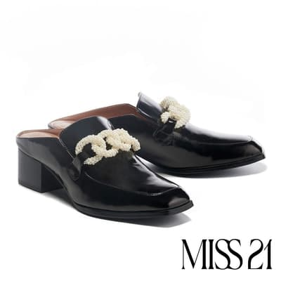 穆勒鞋 MISS 21 簡約氣質珍珠鏈開邊珠方頭高跟穆勒拖鞋－黑