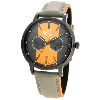 MINI Swiss Watches 石英錶  43.5mm 黑底黃條二眼錶面 灰色皮錶帶