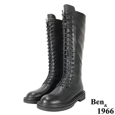Ben&1966高級頭層牛皮個性綁帶馬汀長靴-黑(217541)