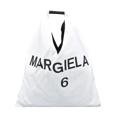MM6 Maison Margiela JAPANESE燙印黑字LOGO字母花紋三角造型帆布手提肩背托特包(白)