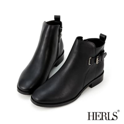 HERLS短靴-釦環拉鍊圓頭皮革粗跟短靴-黑色