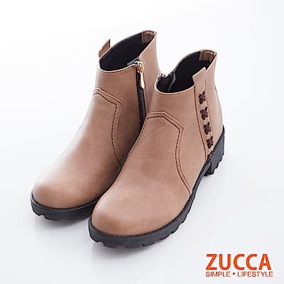 ZUCCA-細緻皮質側帶設計低跟靴-駝-z6723lc
