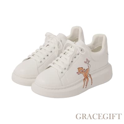 【Grace Gift】迪士尼小鹿斑比款復古皮革厚底小白鞋 白