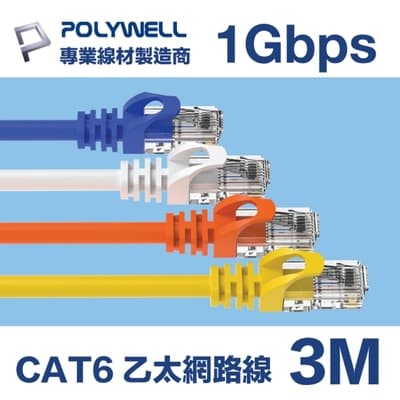 POLYWELL CAT6 高速乙太網路線 UTP 1Gbps 3M 黑色