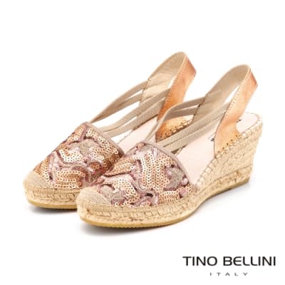 Tino Bellini西班牙進口華麗亮片圖騰麻編楔型涼鞋_粉