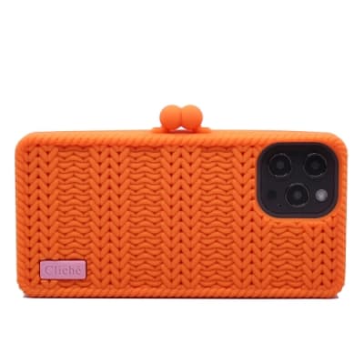 【Candies】Cliche針織 雙珠扣錢包手機殼(橘)-iPhone 12 Pro Max
