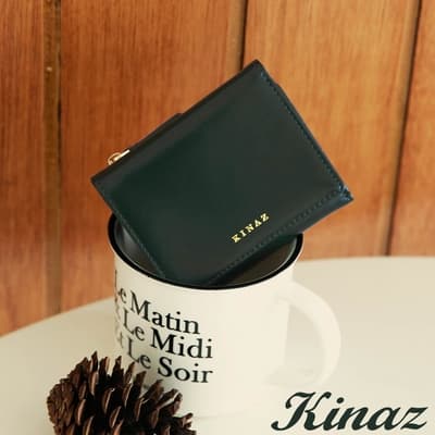 KINAZ 牛皮拉鍊零錢袋三折方塊短夾-墨鑲綠-馬賽克系列