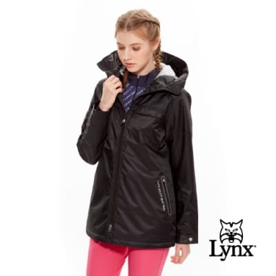 【Lynx Golf】女款立領連帽不對稱胸袋設計貓咪繡花長袖外套-黑色