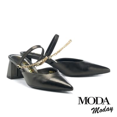 穆勒鞋 MODA MODAY 時髦金屬鍊條羊皮尖頭高跟穆勒拖鞋－黑