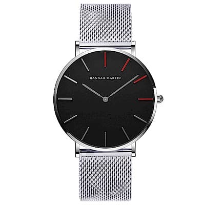 HANNAH MARTIN 精彩人生無秒針設計腕錶-黑錶盤x銀色刻度/36mm