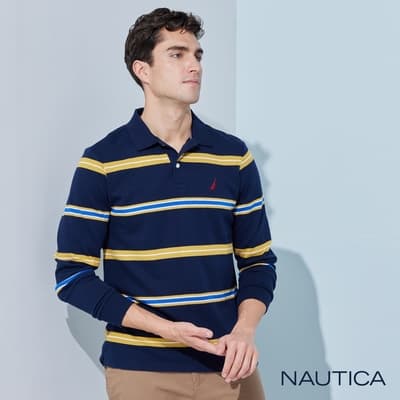 Nautica男裝 經典撞色條紋長袖POLO衫-深藍