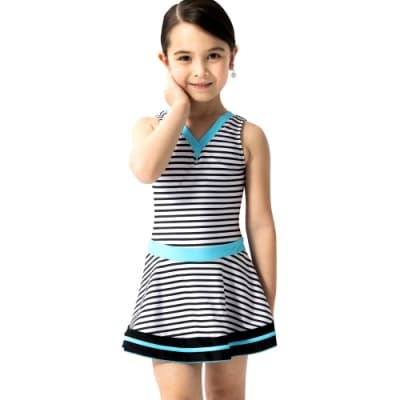 沙兒斯 兒童泳裝 可愛尖領橫紋連身裙式女童泳裝