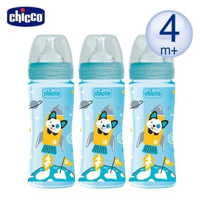 chicco-舒適哺乳-防脹氣PP奶瓶330ml(三孔)-帥氣男孩*3入組