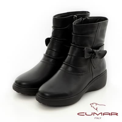 【CUMAR】抓皺腳踝蝴蝶結裝飾舒壓厚底真皮短靴-黑色