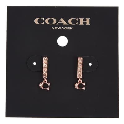 COACH 一字型排鑽經典小C字母LOGO穿式耳環-玫瑰金