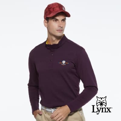 【Lynx Golf】男款吸汗速乾抗UV山型紋釘扣款長袖立領POLO衫-紫色