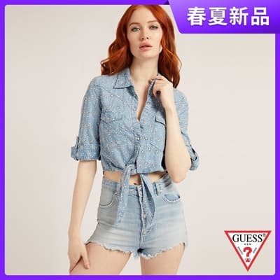 GUESS-女裝-浮雕花紋潮流時尚襯衫-藍 原價2790