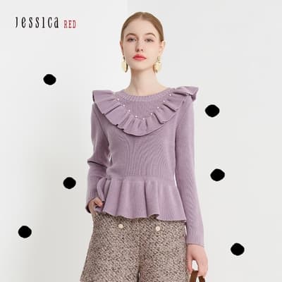 JESSICA RED - 紫色甜美浪漫荷葉邊褶皺圓領羊毛混紡毛衣
