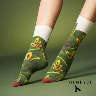 【GLORY21】網路獨賣款-法式插畫中筒襪-草綠