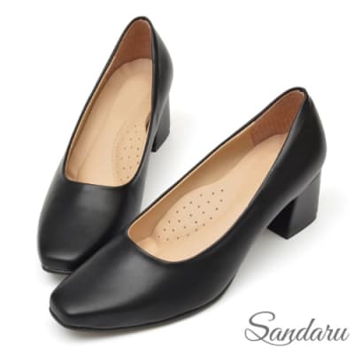 山打努SANDARU-法式簡約方頭皮革中跟鞋-黑