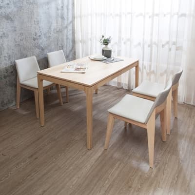 Boden-米克4.5尺實木餐桌+納西米色布紋皮革實木餐椅組合-鄉村木紋色(一桌四椅)-135x80x76cm