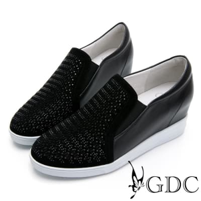 GDC-真皮沖孔金屬感水鑽內增高休閒鞋-黑色