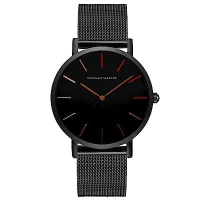 HANNAH MARTIN 極簡黑無秒針設計腕錶-黑錶盤x玫瑰金刻度/36mm