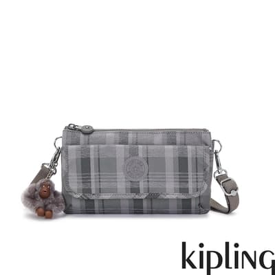 Kipling 輕灰蘇格蘭紋翻蓋肩背側背包-VECKA STRAP