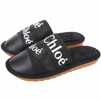 CHLOE Woody 字母織帶拼接小牛皮穆勒鞋 拖鞋(黑色)