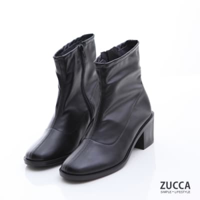 ZUCCA-素純皮革側拉鍊低跟短靴-黑-z6907bk