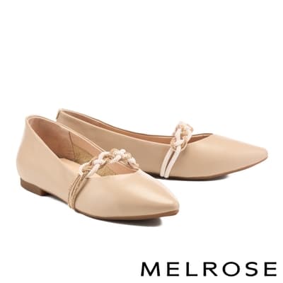 平底鞋 MELROSE 優雅珍珠晶鑽飾帶全真皮尖頭平底鞋－杏