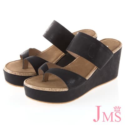 JMS-簡約休閒寬帶夾腳楔型涼拖鞋-黑色