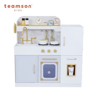 Teamson豪華凡爾賽磁貼冰箱木製玩具廚房(附15配件) -大白金款