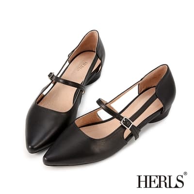 HERLS低跟鞋 氣質全真皮尖頭鏤空瑪莉珍低跟鞋 黑色