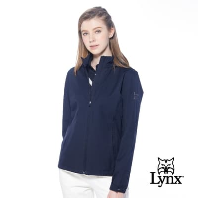 【Lynx Golf】korea女款素面款拉鍊口袋可拆式連帽長袖外套-深藍色
