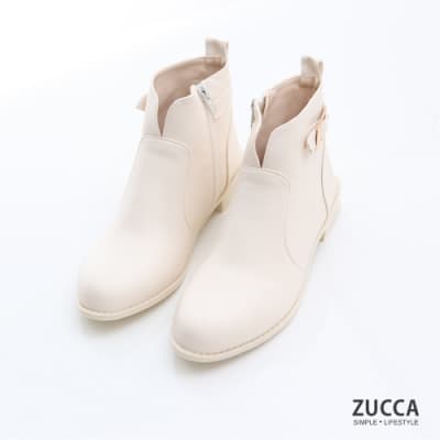 ZUCCA-金屬皮革V釦環短靴-白-z6908we