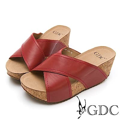 GDC-歐美質感真皮大牌交叉舒適厚底拖鞋-紅