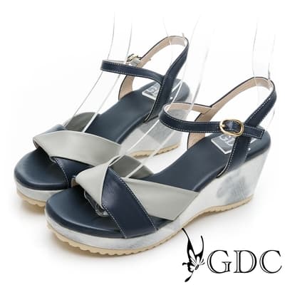 GDC-真皮拼接春夏輕底楔型日系涼鞋-藍色