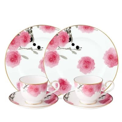 【NORITAKE】紅纓花瓣金邊骨瓷下午茶組合6件雙人組-咖啡對杯、展示盤(新品上市)