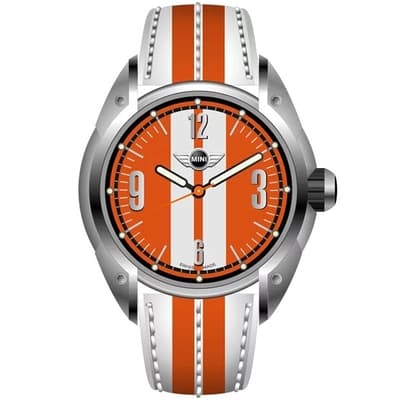 MINI Swiss Watches 石英錶 45mm 橘底白條錶面 白橘條真皮錶帶
