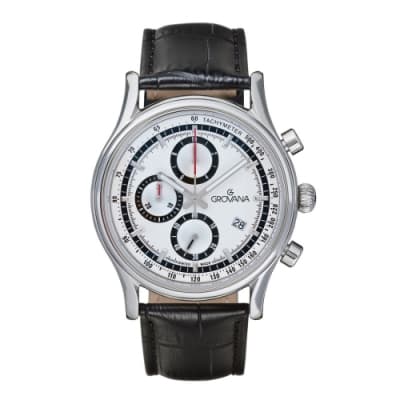 (福利品) GROVANA瑞士錶 Specialties系列三眼計時石英男錶(1730.9532)-白面x黑色皮帶/41mm